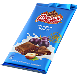 Шоколад РОССИЯ ЩЕДРАЯ ДУША молочный с фундуком и изюмом (Россия) 90г